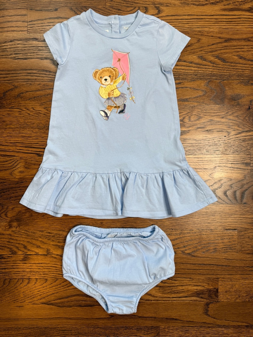 Ralph Lauren Baby Girl Light Blue Polo Bear Kite Cotton Jersey Dress w/Bloomers